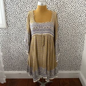 Free People Heart of Gold Mini Dress-bell sleeves. Large-Mustard-cream-navy